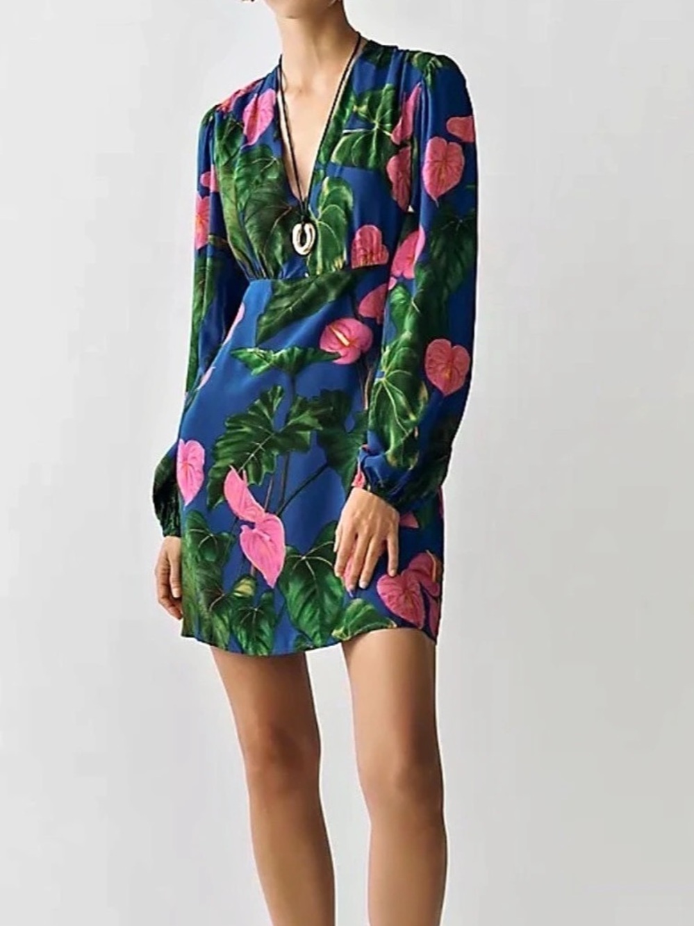 Farm Rio Anthurium Leaves Puff Sleeve Mini Dress Blue & Pink Medium